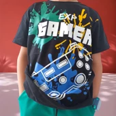 Gamer Yazı Desenli Cepli Şortlu Yeşil Renk Erkek Çocuk Takım - 2