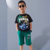 Gamer Yazı Desenli Cepli Şortlu Yeşil Renk Erkek Çocuk Takım - 4
