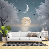 Kış Ay ve Gökyüzü Manzaralı Duvar Kağıdı Baskı thumbnail 1