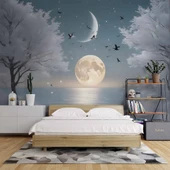 Kış Ay ve Gökyüzü Manzaralı Duvar Kağıdı Baskı thumbnail 2