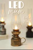 Led Mum Vintage Retro Gaz Lambası Tip Dumansız Pilli Alevli Dekoratif Yapay Mum Işıldak Bakır 1037-5 - 2