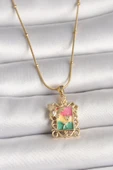 316L Çelik Gold Renk Renkli Zirkon Taşlı Kelebek İşlemeli Portre Model Kadın Kolye - TJ-BKO10024 - 1