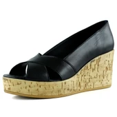 Erkan Saçmacı Astrid Siyah Hakiki Deri Çapraz Bantlı Mantar Taban Görünümlü Dolgu Topuklu Sandalet - 1