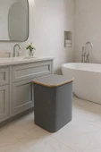 60 lt Modern Gri Bez Katlanabilir Bambu Kapak Kirli Çamaşır Sepeti - 1