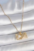 316L Çelik Gold Renk Zincir Zirkon Taşlı Açılır İncili Elmas Model Kadın Kolye - TJ-BKO10049 - 1