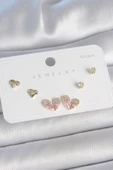 MuI MuI Pirinç Gold Renk Pembe Zirkon Taşlı Kalp Model 925 Ayar Gümüş Çivi Kadın Küpe Seti - 1