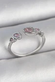 MuI MuI Pirinç Gümüş Renk Pembe Damla Zirkon Taşlı Ayarlanabilir Model Kadın Yüzük - 1