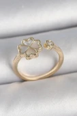 Pirinç Gold Renk Beyaz Mineli Yonca Model Zirkon Taş Detay Ayarlanabilir Kadın Yüzük - 1
