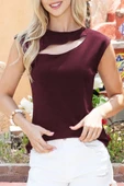 Kadın Sıfır Kol Pencere Detay Viskon T-shirt - 6