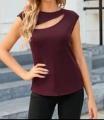 Kadın Sıfır Kol Pencere Detay Viskon T-shirt - 5