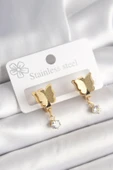 316L Çelik Gold Renk Sallantı Zirkon Taş Detaylı Simli Kelebek Model Kadın Küpe - TJ-BKP10420 - 1