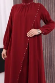 Çapraz Parça Görünümlü İncili Elbise 3879 Bordo thumbnail 5