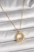 316L Çelik Gold Renk Zincir Zirkon Taş İşlemeli Daire Model Kadın Kolye - TJ-BKO9968 - 1