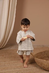 İndigo Çizgili Şort Takım - 2