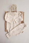 Krem Dal Desenli Fırfırlı Body Tayt Takım - 6