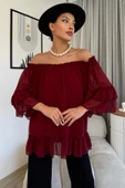 Yaka Lastikli Şifon Bluz 6022-Bordo - 1