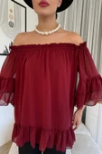 Yaka Lastikli Şifon Bluz 6022-Bordo - 5