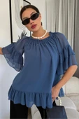 Yaka Lastikli Şifon Bluz 6022-İndigo - 4