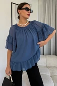 Yaka Lastikli Şifon Bluz 6022-İndigo - 1