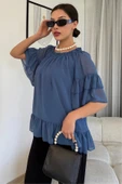 Yaka Lastikli Şifon Bluz 6022-İndigo - 3