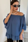 Yaka Lastikli Şifon Bluz 6022-İndigo - 2