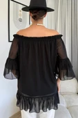 Yaka Lastikli Şifon Bluz 6022-Siyah - 6