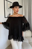 Yaka Lastikli Şifon Bluz 6022-Siyah - 3