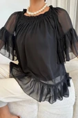 Yaka Lastikli Şifon Bluz 6022-Siyah - 4