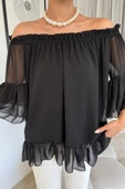 Yaka Lastikli Şifon Bluz 6022-Siyah - 5