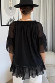 Yaka Lastikli Şifon Bluz 6022-Siyah - 7
