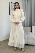 Dantel Detaylı Bluz Pliseli Şifon Etek İkili Takım 4706-Beyaz - 3