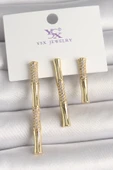 Pirinç Gold Renk Zirkon Taşlı Bambu Model 3'Lü Kadın Kombin Küpe - TJ-BKP10463 - 1