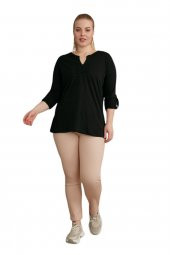 Fierte Kadın Büyük Beden Bluz Rg4088 Yuvarlak V Yaka İşleme Detay Katlanır Kol Spor Penye Lacivert Vizon Bordo Siyah - 1