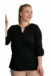 Fierte Kadın Büyük Beden Bluz Rg4088 Yuvarlak V Yaka İşleme Detay Katlanır Kol Spor Penye Lacivert Vizon Bordo Siyah - 4