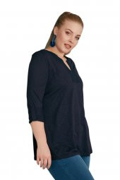 Fierte Kadın Büyük Beden Bluz Rg4088 Yuvarlak V Yaka İşleme Detay Katlanır Kol Spor Penye Lacivert Vizon Bordo Siyah - 8