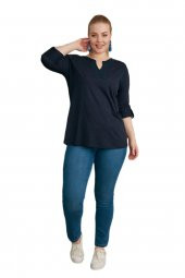 Fierte Kadın Büyük Beden Bluz Rg4088 Yuvarlak V Yaka İşleme Detay Katlanır Kol Spor Penye Lacivert Vizon Bordo Siyah - 10