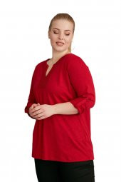 Fierte Kadın Büyük Beden Bluz Rg4088 Yuvarlak V Yaka İşleme Detay Katlanır Kol Spor Penye Lacivert Vizon Bordo Siyah - 12