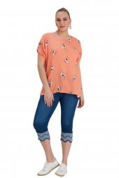 Fierte Kadın Büyük Beden Bluz Rg4515 Yuvarlak Yaka Katlanır Kısa Kol Spor Çiçek Desen Oranj Bej - 1