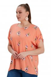 Fierte Kadın Büyük Beden Bluz Rg4515 Yuvarlak Yaka Katlanır Kısa Kol Spor Çiçek Desen Oranj Bej - 2