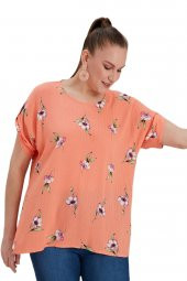 Fierte Kadın Büyük Beden Bluz Rg4515 Yuvarlak Yaka Katlanır Kısa Kol Spor Çiçek Desen Oranj Bej - 3