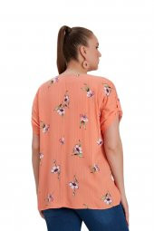 Fierte Kadın Büyük Beden Bluz Rg4515 Yuvarlak Yaka Katlanır Kısa Kol Spor Çiçek Desen Oranj Bej - 5