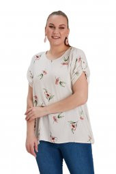 Fierte Kadın Büyük Beden Bluz Rg4515 Yuvarlak Yaka Katlanır Kısa Kol Spor Çiçek Desen Oranj Bej - 7