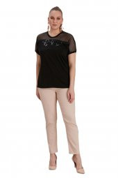 Fierte Kadın Büyük Beden Bluz Rg4584 Yuvarlak Yaka Kısa Kol Omuz File Detay Pul Payet İşleme Ekru Haki Siyah - 1