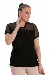 Fierte Kadın Büyük Beden Bluz Rg4584 Yuvarlak Yaka Kısa Kol Omuz File Detay Pul Payet İşleme Ekru Haki Siyah - 2