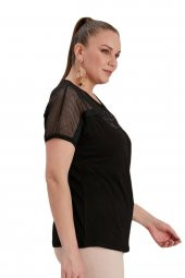 Fierte Kadın Büyük Beden Bluz Rg4584 Yuvarlak Yaka Kısa Kol Omuz File Detay Pul Payet İşleme Ekru Haki Siyah - 3