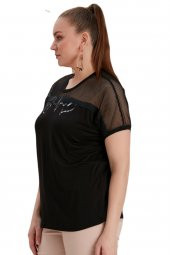 Fierte Kadın Büyük Beden Bluz Rg4584 Yuvarlak Yaka Kısa Kol Omuz File Detay Pul Payet İşleme Ekru Haki Siyah - 4