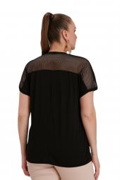 Fierte Kadın Büyük Beden Bluz Rg4584 Yuvarlak Yaka Kısa Kol Omuz File Detay Pul Payet İşleme Ekru Haki Siyah - 5