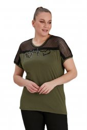 Fierte Kadın Büyük Beden Bluz Rg4584 Yuvarlak Yaka Kısa Kol Omuz File Detay Pul Payet İşleme Ekru Haki Siyah - 6