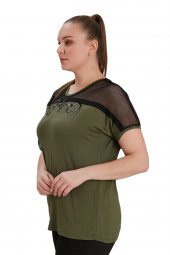 Fierte Kadın Büyük Beden Bluz Rg4584 Yuvarlak Yaka Kısa Kol Omuz File Detay Pul Payet İşleme Ekru Haki Siyah - 7