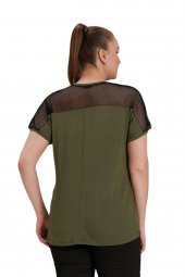 Fierte Kadın Büyük Beden Bluz Rg4584 Yuvarlak Yaka Kısa Kol Omuz File Detay Pul Payet İşleme Ekru Haki Siyah - 8